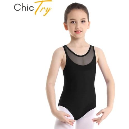 ChicTry Kids Sleeveless Mesh Splice Ballet Leotard Costume Children Girls Solid Color Gymnastics Leotard Gym Bodysuit Dance Wear