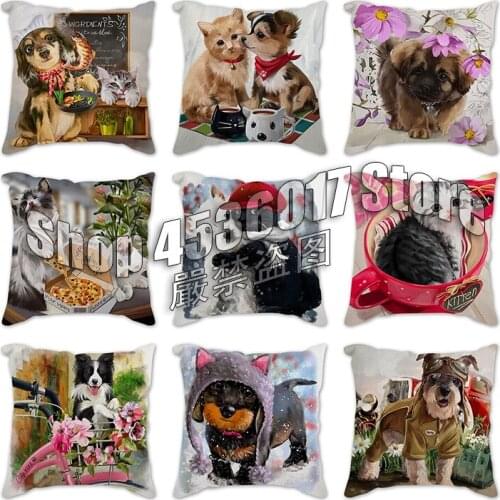 Painting Dog cat giraffe girl Cartoon Decorative Cushion Cover Pillowcase Animals Chair Car Sofa Throw Pillows Cases Home Decor