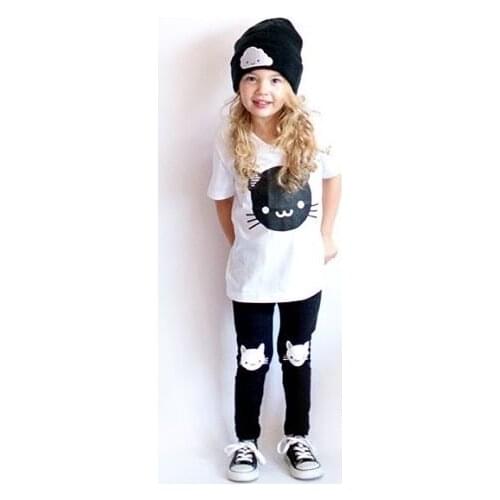 Children Suit Summer 100% Cotton Short Sleeve T-shirt + Pants Cute Casual Boys and Girls Cartoon Cat Tops T-shirt Clothing Sets