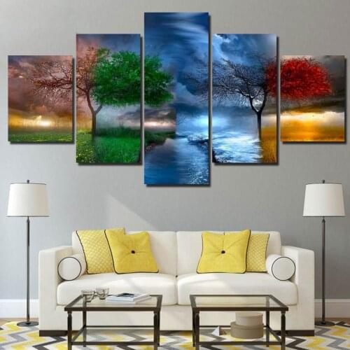 Trees and Rivers Canvas Painting Four-Color Wall Pictures for Living Room Decoration Grass Posters and Prints Wall Art 5 Pieces
