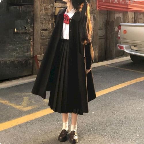[three piece suit] mid length tweed coat + long sleeve bow shirt + pleated skirt spring autumn Japanese preppy style suit simple