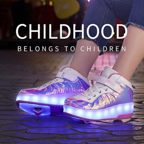 Fun Heelys Roller Shoes For Girls Boys Shiny Leather LED Light Up Double Heelys Kids Sneakers Casual Shoes Children Sports Shoes