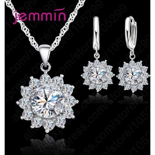 925 Sterling Silver Jewelry Set for Women Handcraft Shiny CZ Hoop Earrings and Chain Pendant Necklaces Wedding Accessories Gifts