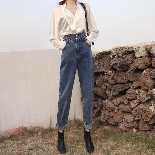Real Shot High Waist Denim Harem Pants Hong Kong Flavor Loose Slimming All-match Dad Baggy Pants