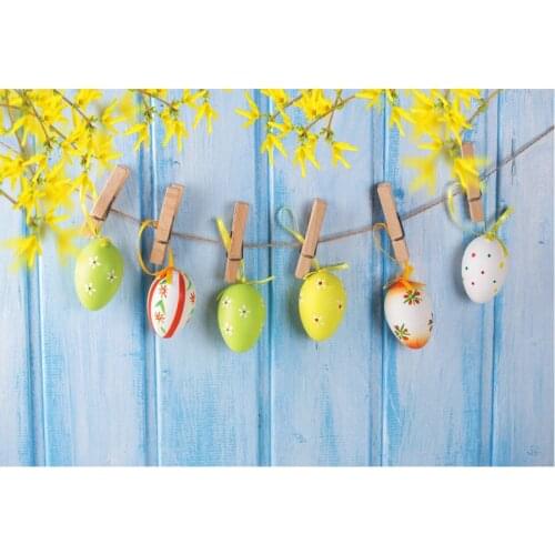 Easter Backdrop Easter Egg Blue Wooden Board Yellow Flower Photography Background Family Party Decor Photo Booth Studio Prop