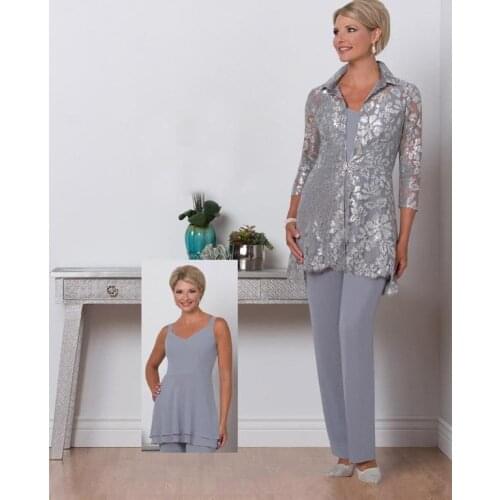 Silver Mother Of The Bride Dresses Sheath V-neck Chiffon Lace With Jacket Pants Suit Long Groom Mother Dresses For Weddings