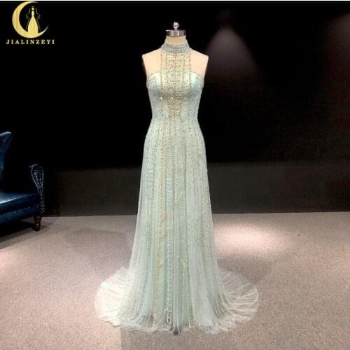 Rhine real Pictures Halter Ligh Green with Gold Beads A-line Formal dress prom dresses arabic evening dresses long