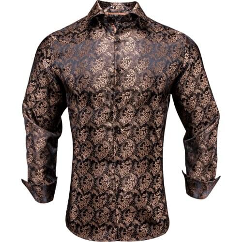 Hi-Tie Brown Floral Paisley Silk Mens Shirt New Arrival Slim Fit Male Shirt Long Sleeve British Style Mens Shirt Office Daily