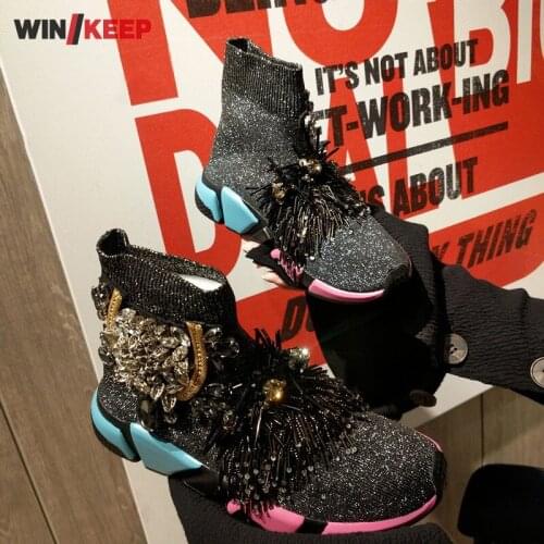 Luxury Crystal Socks Sneaker Women Rhinestone Shoes Beading Sneakers Tassels Knitted High Top Ankle Boots Walking Sport Shoes