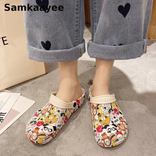 Size 36-45 Women Sandals Platform Slippers Summer Female Clogs Mules Mujer Cartoon Print Beach Shoes Flats Breathable Zapatos 21