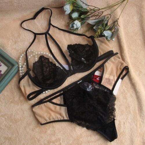Ultra-thin transparent bra and panty suit big breasts small sexy halter neck breathable underwire lace female underwear set