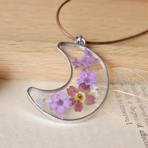 Unique Natural Dried Purple Lavender Flowers in Glass Crescent Moon Frame Pendant I LOVE YOU TO THE MOON Necklace For Women Girl
