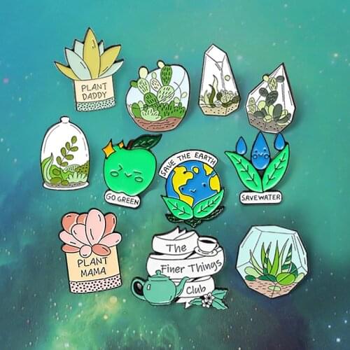 Save the Earth Save water Enamel Lapel Pins Green Potted plant protect Environment Brooches Badges Gifts for Friends Wholesale