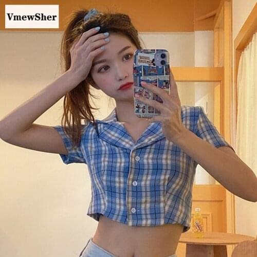 VmewSher New Plaid Summer Women Shirt Short Sleeve Shawl Collar Elegant Crop Tops Slim Single Breasted High Waist Casual Blouse