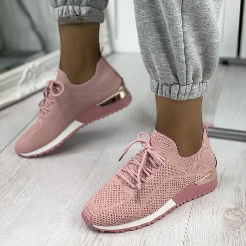 2021 New Women Sneakers Vulcanized Shoes Knitted Mesh Breathable Flat Shoes Ladies Lace-up Summer Comfortable Female Footwear