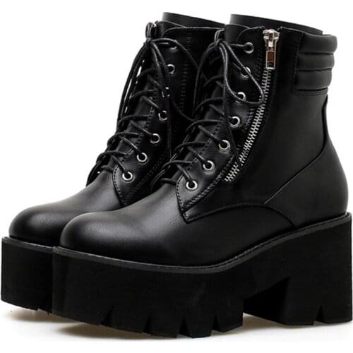 Women Chunky Motorcycle Boots Ladies Lace Up Platform Combat Ankle Boots Winter Bikers Casual Female Zipper Wedges Punk Shoes