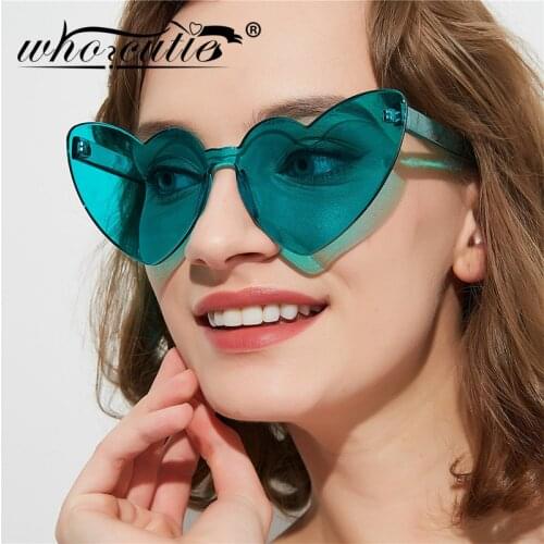 WHO CUTIE 2019 Rimless Heart Shaped Sunglasses Women Cat Eye Frame Brand Design Candy Blue Frameless Sun Glasses Girls OM872
