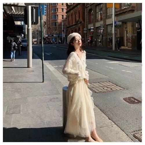 2021 Women Spring Autumn Fashion Sets Female Knitted O-Neck Sweaters and High Waist Mesh Skirts Ladies Two Pieces Suits Y516