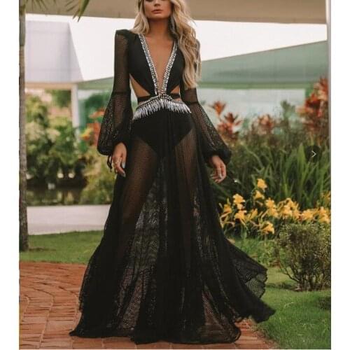 2021 women new sexy summer black v neck lace long maxi hollow out gown dresses wholesale