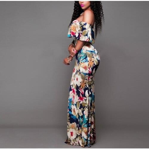 Women Boho Maxi Dress Summer Style Off Shoulder Ruffled Floral Print backless Long Dresses Feminine Floor Length Gown
