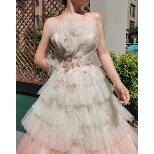 Champagne Pink Gowns Fashion Ladies Bling Bling Flower Eveningdress A-Line Luxury blue Host Dress For Women Party Formal