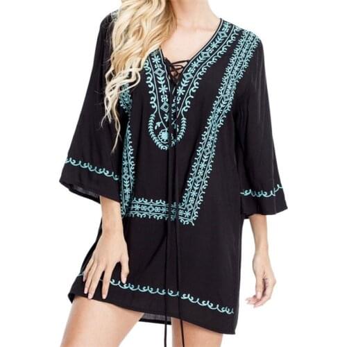 2021 Sexy Lace Up V-Neck Summer Beach Dress Black Cotton Tunic Women Beachwear Sarong Plage Bohemian Embroidered Mini Dress N884