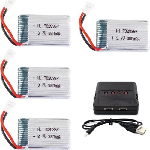 4PCS 3.7V 380mAh Lipolymer High Rate Battery +Charger For Drone Quadcopter Helicopter 51005 Plug 702035