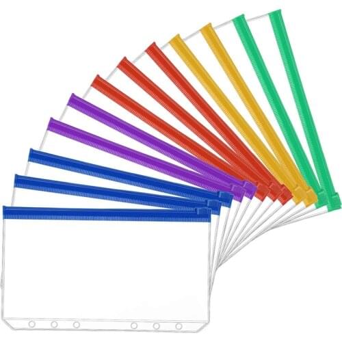 AU42 -12Pcs A6 Size 6 Holes Binder Pockets Plastic Colorful Binder Zipper Folders for 6-Ring Notebook Binder Loose Leaf Bags