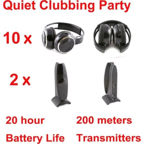 Silent Disco compete system black folding wireless headphones - Quiet Clubbing Party Bundle (10 Headphones + 2 Transmitters)