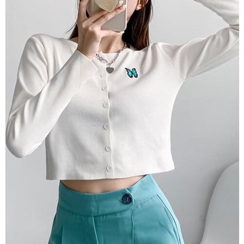 JMPRS Knit Women Cardigans Sweater Autumn Long Sleeve Thin Crop Tops Casual Button Up Butterfly Embroidery O Neck Short Coat