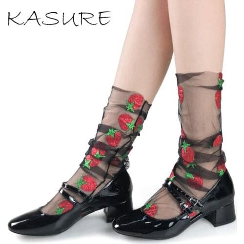 KASURE 2020 Fishnet Transparent Ankle Socks Summer Lady Fruit Flower Mesh Hosiery Mujer Sweet Shiny Summer Clear Thin Long Socks
