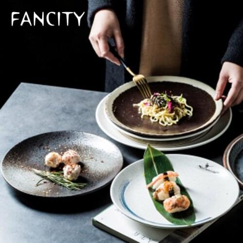 FANCITY Japanese retro ceramic plate hotel restaurant size round shallow platter western plate rice plate breakfast plate served