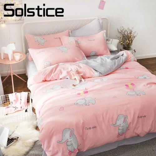 Solstice Home Textile Pink Elephant Cartoon Kid Teen Girls Bedding Linens Set King Twin Single Duvet Cover Pillowcase Flat Sheet