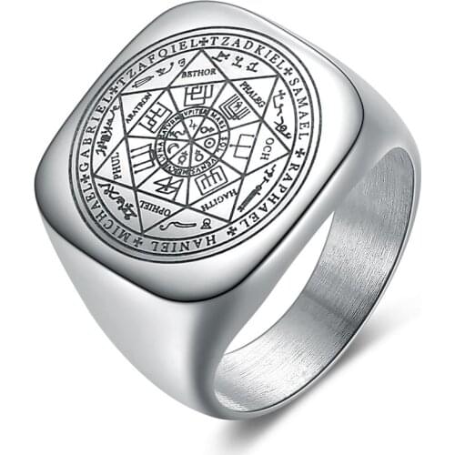Solomon Rings for Men Silver Color Magic Runes Stainless Steel Signet Rings Pagan Amulet Male Jewelry
