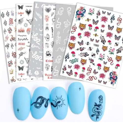 Nail Stickers Snake Dragon Butterfly Black White Multicolor Decals Tattoo Slider 3D Adhesive Nails Art Decoration