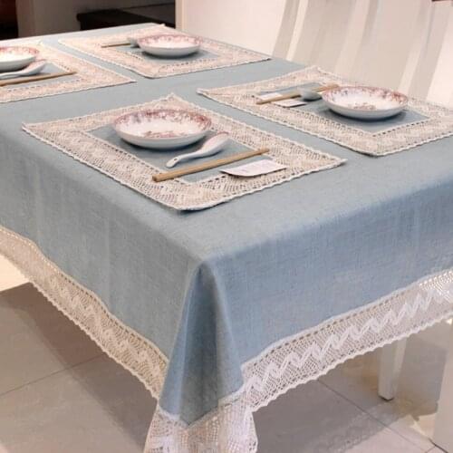 Simple Europe Blue Tablecloth Linen Cotton Lace Edge Rectangular Dust Proof Table Covers for Tea Table Fridge High Quality