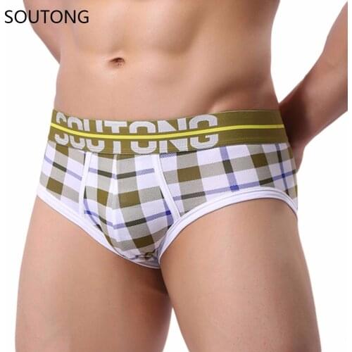SOUTONG Mens Underwear Soft Cotton Male Gay Underpants Plaid Breathable Summer Fashion Briefs For Men