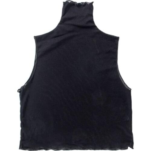 Women Autumn Ruffles Turtleneck Mesh Fake Collar Semi Sheer Vest Style Crop Top Solid Color Bottoming Shirt Half Blouse