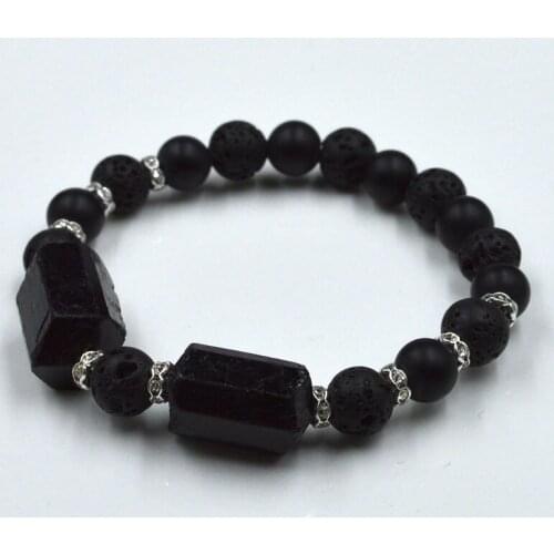 YA1845 Black Tourmaline Chunky Lava Elastic Rope Bracelet