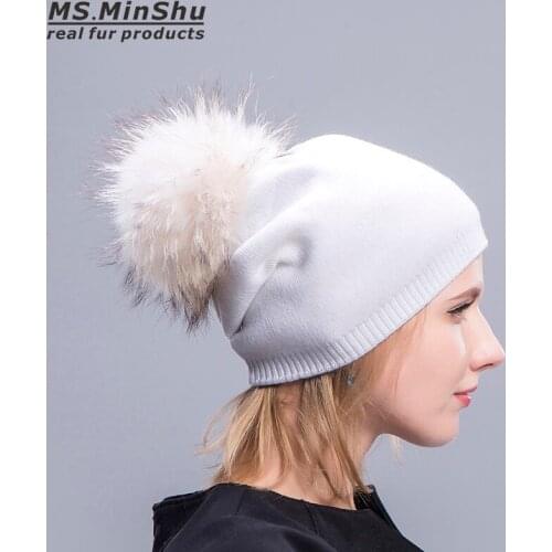 Ms.MinShu Cashmere Cap with Real Fur Pompom Unisix Beanies Fur Hat Winter Autumn Bobble Hat With Big Fox Fur Ball Fashion Cap