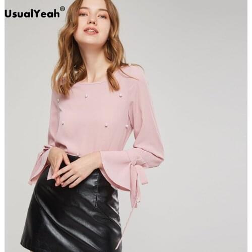 UsualYeah Pink Beading Women Chiffon Blouse Fashion Lady Bow Tie Flare Sleeve Tops OL Workwear Shirts Spring Fall Regular Top