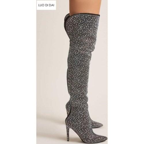 2019 glitter women thigh high boots multi diamond boots over knee high women party shoes glitter rhinestone booties thin heel