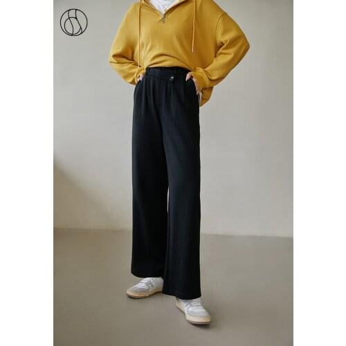 DUSHU Women Pants Black All-match Straight-leg Casual Pants Winter New Loose Knitting Trousers Adjustable Waist Design Trousers