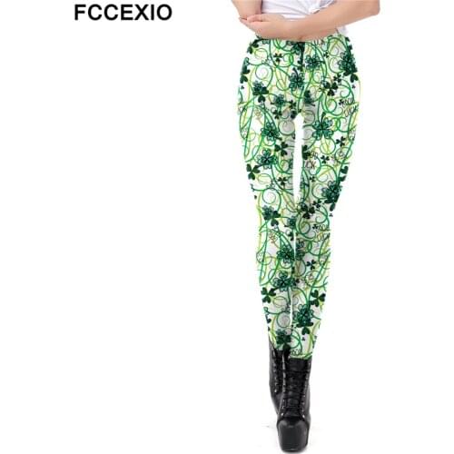 FCCEXIO Patricks Day Leggings Women Four Leaf Clover Print Mid-Waist Pants Sexy Skinny Elastic Fitness Leggings Slim Trousers