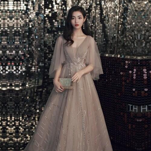 Elegant Fashion V-Neck A-Line Open Back Half Sleeves Floor-Length Long Lace Evening Dress New 2021 Gown Women