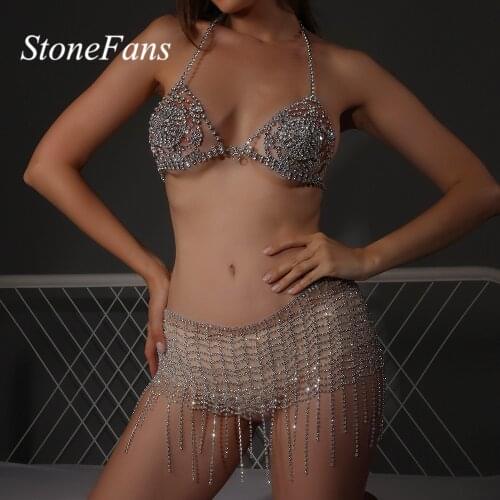 Stonefans Hot Big Rhinestone Womens Underwear and Tassel Waist Chain Sexy Thong Jewelry Belt Festival Dress Set Rave 2021 Gifts