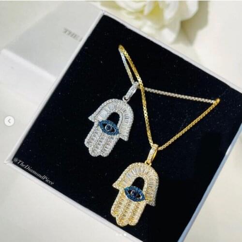 Iced Out Bling sparking Baguette Blue Cubic Zirconia paved Turkish Hamsa Hand Pendant necklaces with box chain jewelry for women