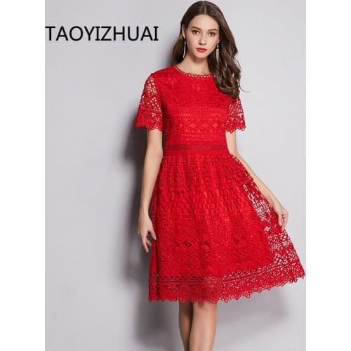 TAOYIZHUAI Chinese Style Festival Regular Short Sleeves A-line Knee Length Solid O-neck Plus Size Lace Women Party Dress 11706