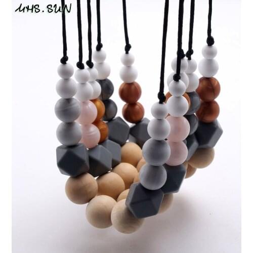 MHS.SUN 1PC Silicone Teething Necklace With Chewable Wooden Beads For Baby Teethers BPA Free Mom Nursing Necklace Infant Toy
