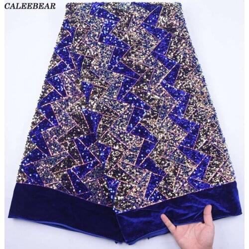 2021 Latest French Velvet Lace Fabric Sequin Embroidered African Nigerian Royal Blue Velvet Sequin Lace Fabric For Dresses S2136